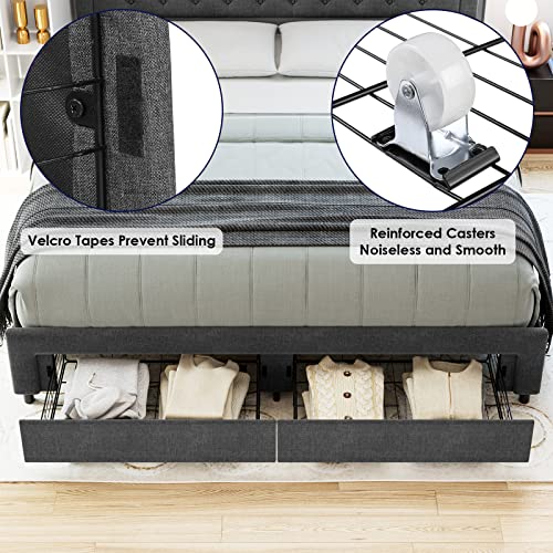 Full Bed Frame With 2 Storage Drawers, Fabric Upholstered Platform Bed Frame With Deep-Set Pattern Button Tufted Headboard, Wood Slats Support Mattress Foundation, No Box Spring Needed, Dark Grey #TOP3