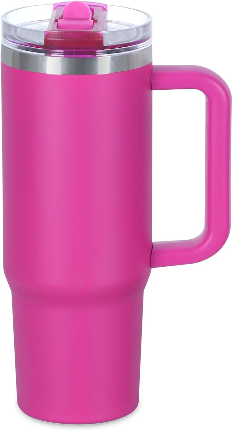 30 oz Flip Straw Tumbler with Handle, Keep Cold or Hot, 100% Leak Proof Vacuum Insulated Tumbler with Detachable Flip Straw Easy to Clean, Reusable Stainless Steel Cup (Hot Pink)