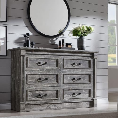 Image of Aitjunz Farmhouse 6 Drawer Dressers for Bedroom, 47'' Wide Dresser & Chests of Drawers w /Roman Columns, Horizontal Wooden TV Stand Dresser w /Metal Handle for Bedroom, Hallway, Living Room, Light Grey