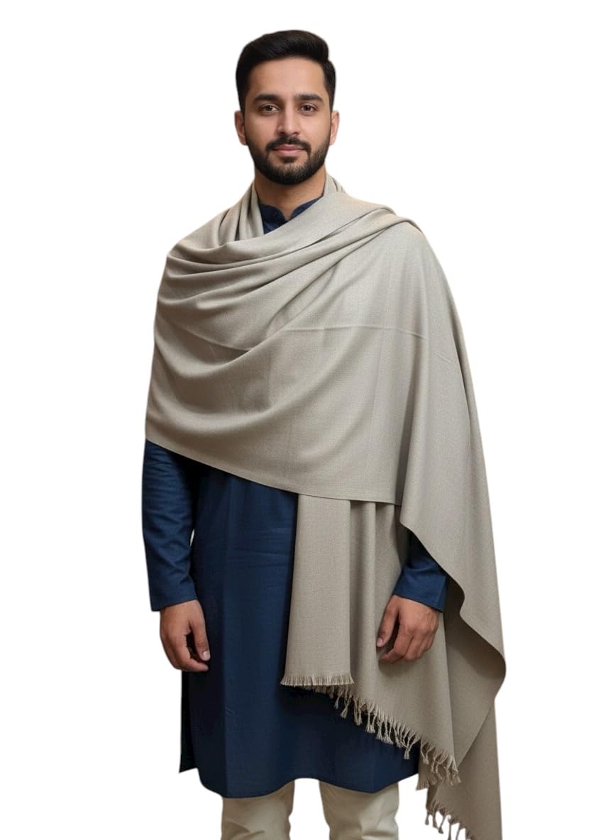 Traditional Mens Lohi Shawl, fine Quality Plain Design, Beige Color with Fringe Detail, Elegant Drape Style-image-42