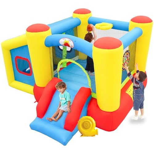 WELLFUNTIME Inflatable Bounce House with Blower, Jumping Castle Slide, Kids Bouncer with Ball Pit, Basketball Rim, Dart Target Game