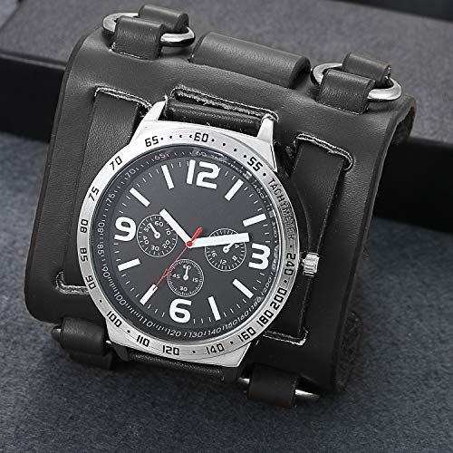 Lancardo LCD034P008 Mens Steampunk Retro Genuine Leather Replaceable Watch Military Japan Quartz Hip-Hop Gothic Wide Bracelet Cuff Big Black Dial Sport Wrist Watches thumb #6