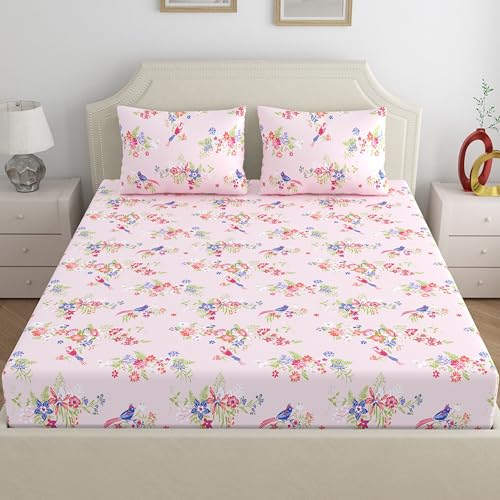 Image of Home Ecstasy 100% Cotton Double Bedsheet with 2 Pillow Covers - (Size 87 x 94 inches, 140 TC, Colour - Pink: Blushed Petal)