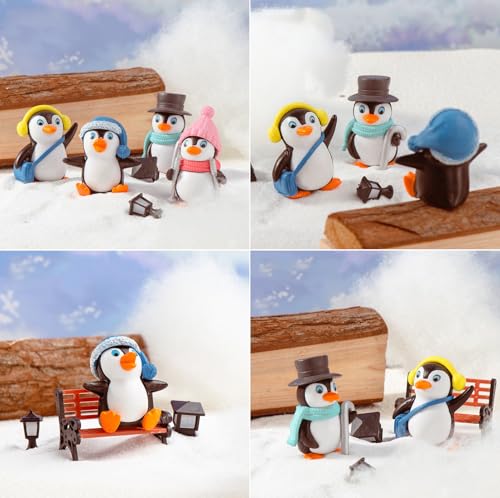 Image of 4PCS Mini Penguin Figurines Set, Cute Resin Penguin Decorations with Winter Hats, Scarf, Earmuffs & Cane, Christmas Village Accessories, Fairy Garden Miniatures, Desk Shelf Home Decor