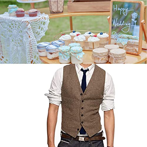 Vintage Brown Tweed Vests Wool Herringbone Slim Fit Men Waistcoat Plus Size4