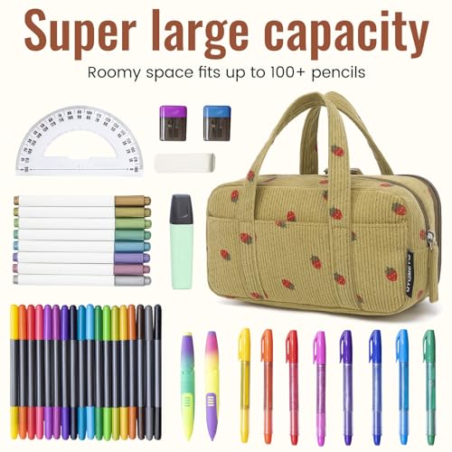Image of Large Pencil Case Pouch, Extra Big Pencil Bags with Zipper, Cute Corduroy Pencil Pouch with 5 Compartments, Pen Bag Wide Opening, Pencil Pouch Organizer, Pencil Box for Teen Girls Adults
