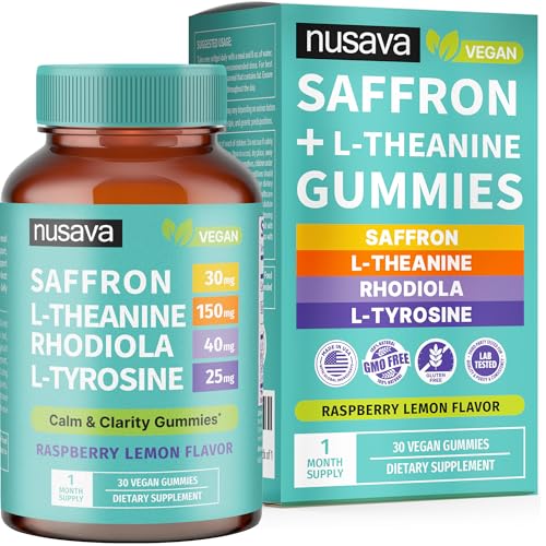 4-in-1 Saffron Gummies - Saffron Supplements with Rhodiola Rosea L Theanine Gummies & L-Tyrosine - Saffron Extract Mood Support Supplement for Calm & Focus - Vegan Non-GMO & Gluten-Free (30 Ct)