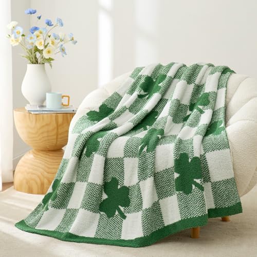 Snuggle Sac St.Patricks Day Blanket Lucky Spring Green Clover Shamrock Irish Throw Blanket Soft Cozy Fuzzy Reversible Checkered Blanket for Couch Sofa Chair 50x60 inches
