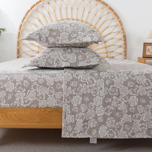 Image of FADFAY Rose Sheets Set Queen Vintage Curry Floral Bedding Shabby Farmhouse Bedding Super Soft Washed Double -Layer Muslin Sheets Luxury 100% Cotton Breathable Deep Pocket Fitted Sheet 4Pc, Queen Size