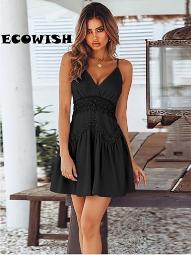Image of ECOWISH Summer Dresses for Women 2026 V-Neck Spaghetti Strap Bowknot Backless Sleeveless Lace Mini Swing Skater Dress