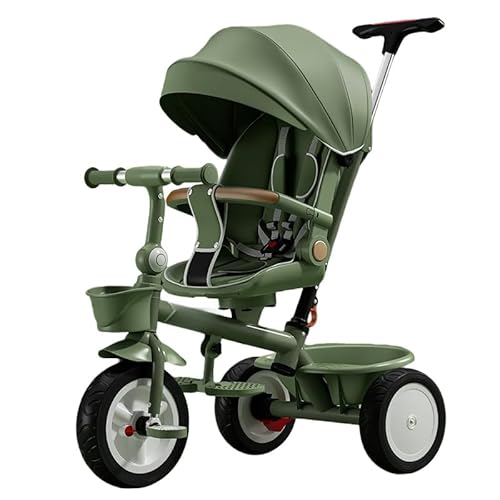子供用三輪車 手押し棒付き 折りたたみ式 乗用玩具 ベビーカー 1歳から6歳までのお子様 ペダル式 トロリー サンシェード フットレスト 雨や日差しから守る大きな日よけ 座ったり横になったりできる ダイニング ガードレールは切り替え可能 (アボカドグリーン