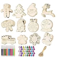 HBell 36pcs Christmas Wooden Ornaments Set With Holes, Unfinished Slices, Twine, Colorful Bells, Watercolor Pens for Kids DIY Crafts, Hanging Decoration, Xmas Gift