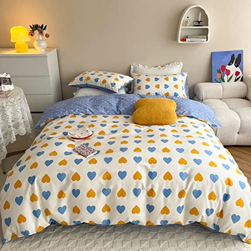 BlueBlue Hearts Kids Duvet Cover Set Twin 100% Cotton Bedding for Boys Girls Teens Single Bed Cartoon Cute Blue Orange Heart Kawaii Pattern on Cream White 1 Love Comforter Cover 2 Pillowcase (Twin)