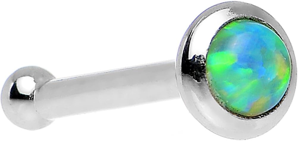 14k White Gold 2mm Lime Synthetic Opal Nose Stud Bone 20 Gauge 1/4"