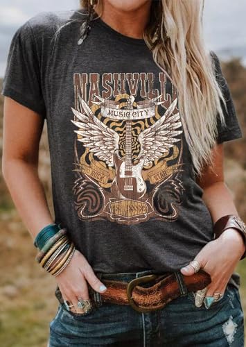 Music City Shirt for Women Country Music T-Shirt Vintage Guitar Wings Graphic Country Concert Tee Tops3