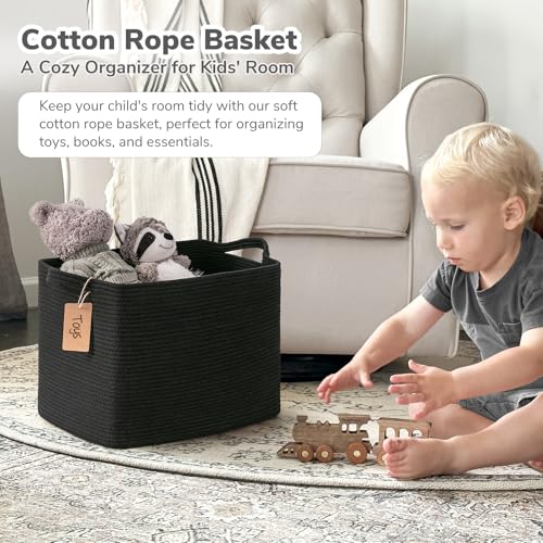 Image of Goodpick 50L Large Woven Rope Storage Basket with Handles, Black | 18 inch x 14 inch x 12 inch Stylish Gift Basket for Living Room & Nursery Organization, Fits Blankets, Toys & Home Essentials Storage