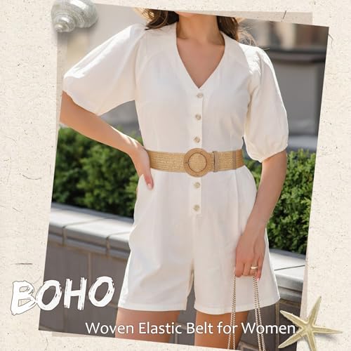 VONMELLI Straw Woven Stretchy Belt for Women Dresses, Wide Boho Elastic Belts Braided Raffia Waist Belt4