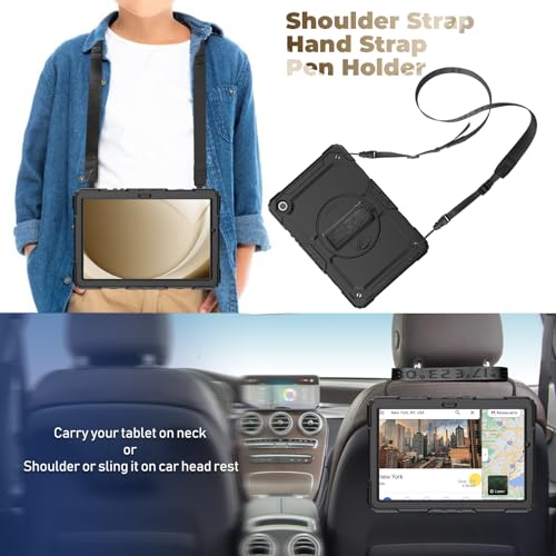 Sibeitu for Galaxy Tab A9+ Plus 11'' Heavy Duty Case for Work 2023 with Screen Protector, Military Grade Defender Protection, Rugged Shockproof Tab A9+ Case W/ 360° Rotating Hand Strap & Stand, Black