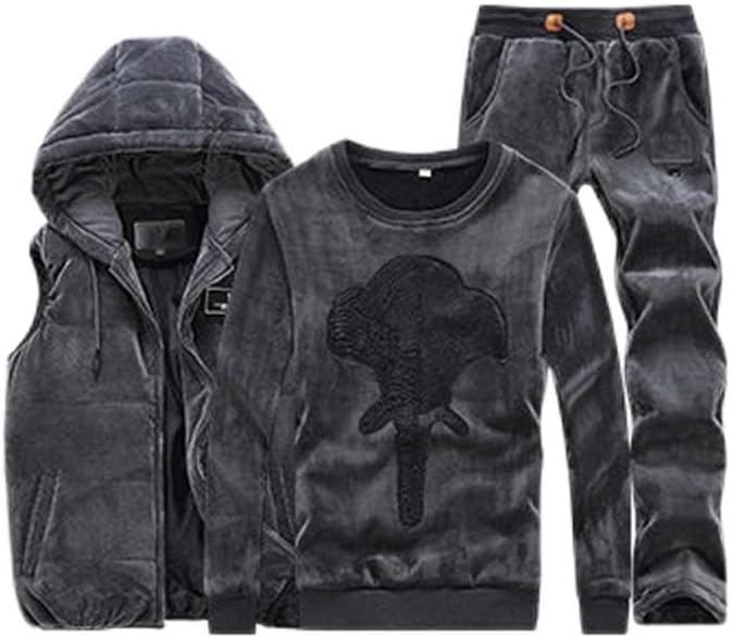 Winter 3 Piece Hooded Vests Sweat Pant Fabric Sweatshirt Suit Thick Warm Tracksuit Men(Gray,4XL size)