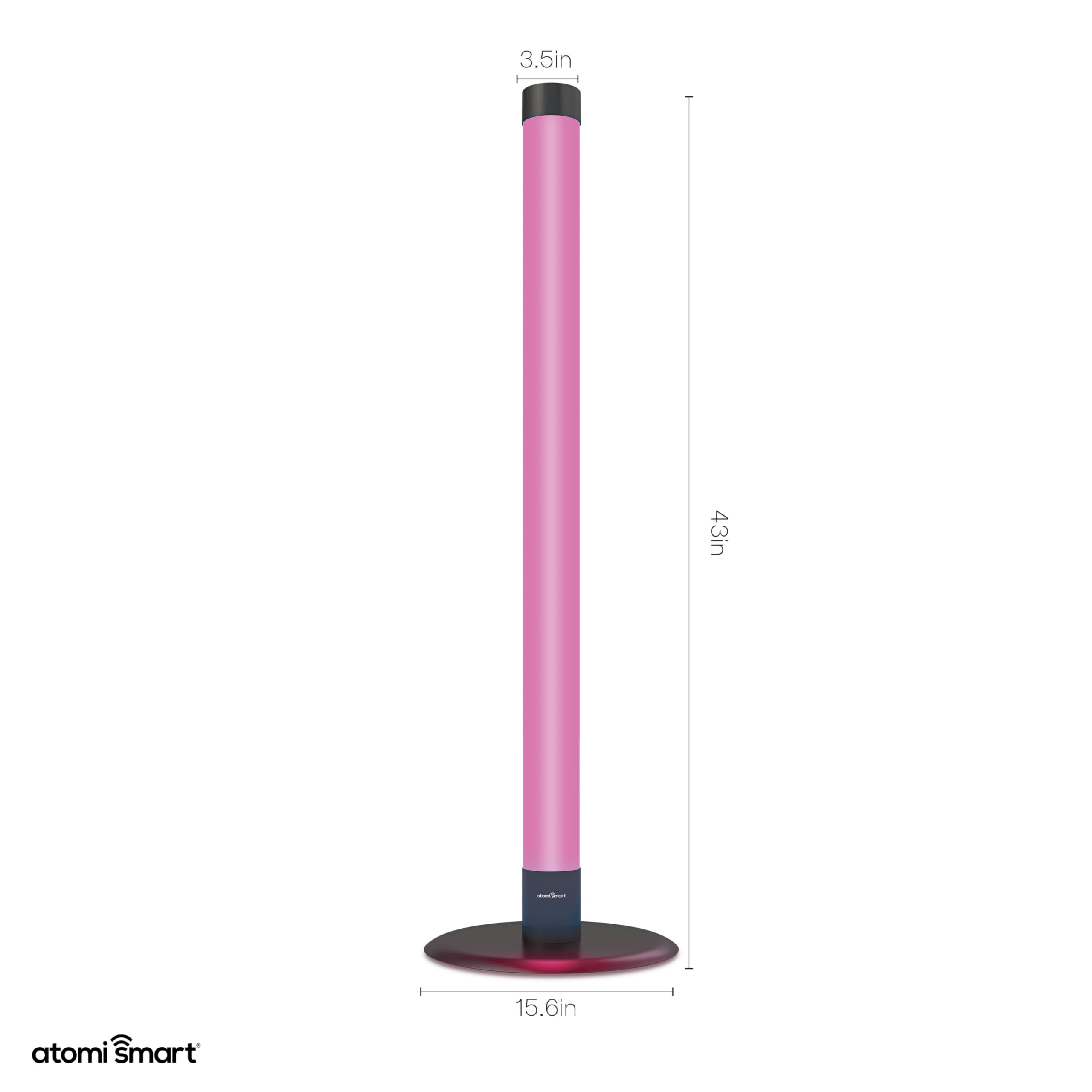 Diagram showing the dimensions of the Atomi Smart WiFi LED Outdoor Floor Lamp: 43 inches tall, 15.6 inches base diameter, and 3.5 inches lamp diameter.