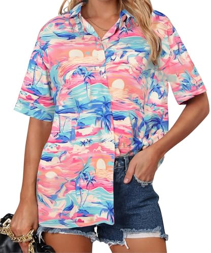 Image of ASTANFY Hawaiian Shirt Women Hawaii T-Shirt Tropical Floral Printed V Neck Shirts Soft Cool Summer Beach Button Up Blouse