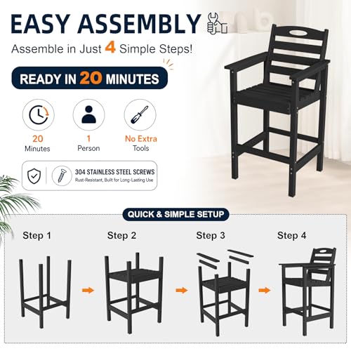 Image of Domi Barstools, Tall Adirondack Chairs Set of 2, Black | HDPE, Oversize, All-Weather, Bar Height Outdoor Chairs