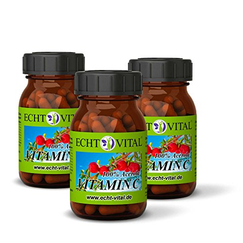 ECHT VITAL Vitamin C Kapseln | 100% Acerola Kirsche Extrakt | Vergleichssieger 1,3* | 3x60 Vit C Kapseln | hochdosiert und natürlich | veganes Superfood, laborgeprüft | Markenqualität Cover