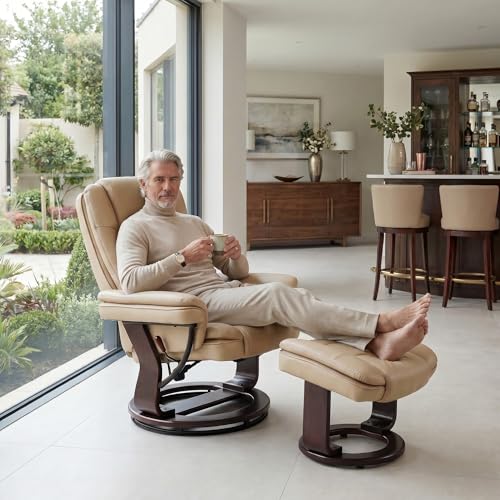 Image of Swivel Recliner Chair with Ottoman Reclining Lounge Sofa Footrest, Set of 1 | 360Sturdy Wood Base, Soft PU Leather, Upholstered Ultra-Plush Foam, Modern Armchair, Living Room Bedroom Office Reading Home