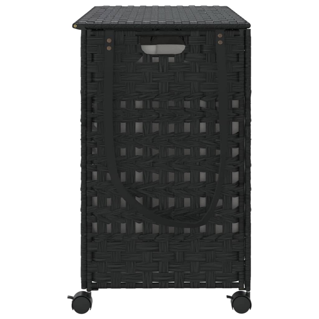 Wäschekorb mit Rollen Schwarz aus Rattan 66 x 35 x 60 cm, 3 Fächer, mit Deckel, klappbar, Wäschebox, Wäschesammler, Wäschetonne für Bad Schlafzimmer Waschküche, platzsparende Ordnung