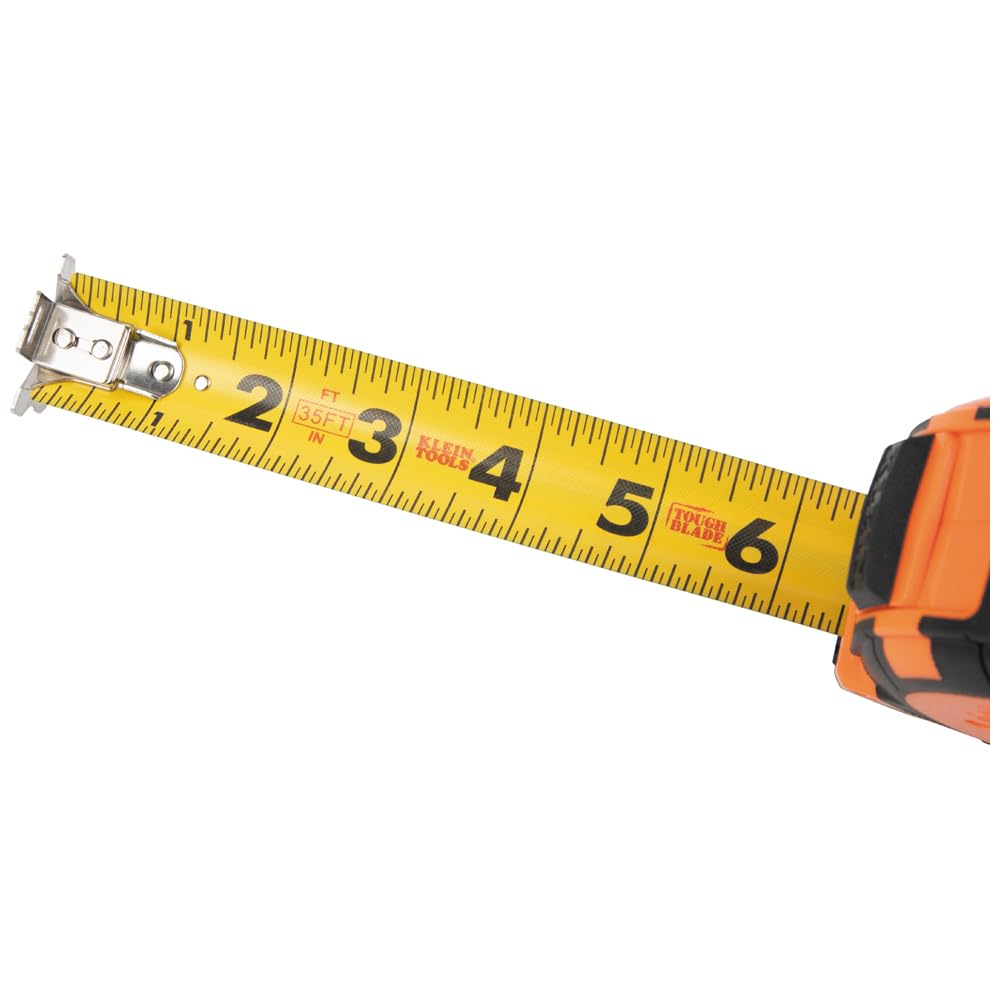 Klein Tools 9235 Cinta métrica, cinta métrica magnética resistente con hoja reforzada de nailon de doble cara de doble gancho de 35 pies, con clip de metal para cinturón