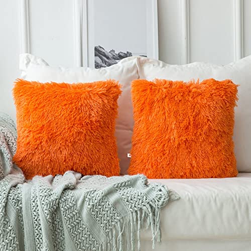 Image of Throw Pillow Covers 18 Inch Faux Fur Cushion Covers Square Decorative Pillow Case for Sofa Bed Couch Car Office Home Decor Pack of 2 (Orange)