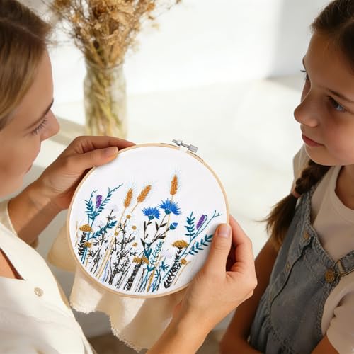 Image of Crafmanoe Flower Embroidery Kits for Beginners Adults, Hand DIY Embroidery Starter Kits, Floral Stamped Cross Stitch Kits for Beginners Adults Craft Kits for Women, Embroidery Hoops, Fabric and Thread