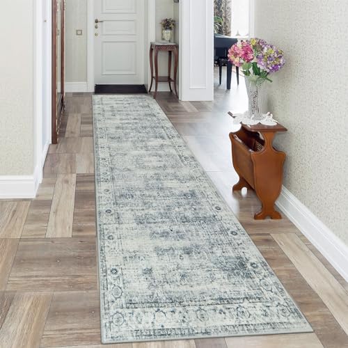 Morebes Vintage 2X10 Runner Rug For Hallway Non Slip,Washable Long Kitchen Rugs Runners,Soft Distressed Non-Shedding Carpet Runner Rug For Entryway Indoor Foyer Playroom,Blue-Gray cover