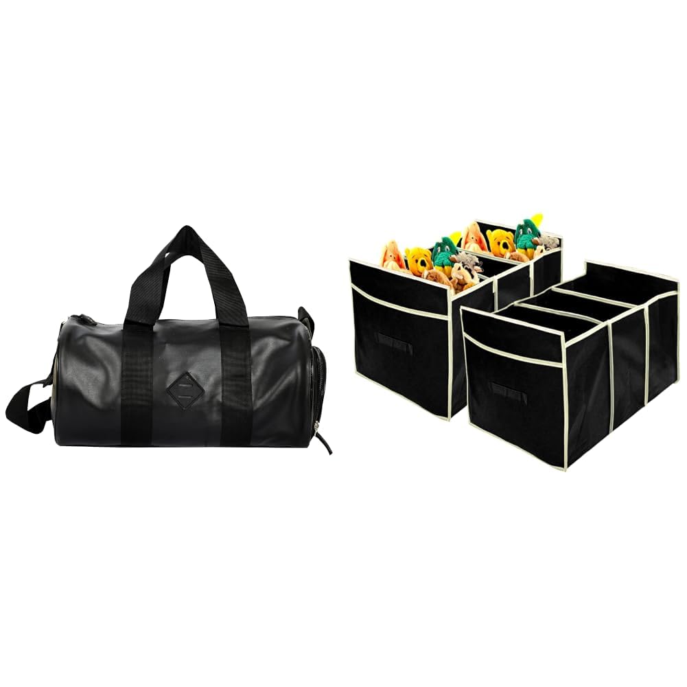 Sports Gym Bag & Shoes Compartment, Travel Duffel Bag for Men and Women Lightweight + Collapsible Portable Heavy Duty Cargo Trunk Organizer with 3 Compartments (Black)-image-47