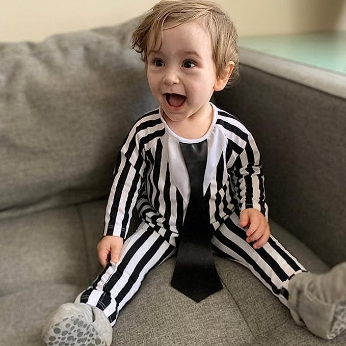 Disfraz para bebé niño con ropa a rayas blancas y negras miniatura 4