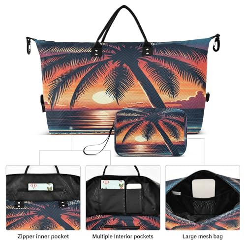 ​​Large Foldable Travel Duffel Bag, Waterproof Gym Bag for Men & Women, Carry-On Luggage Weekender Overnight Bag, Tropical Sunset Palm2