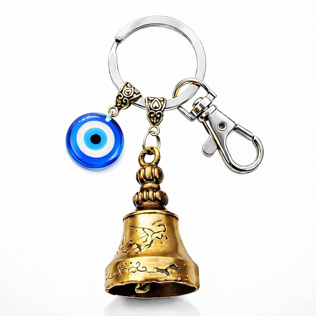 Guardian Golden Bell KeyChain Tibetan Decorative Temple Belll with Evil Eye & Black Hook Metal Keyring Good Luck Negative Energy Protection (Pack-1)-image-21