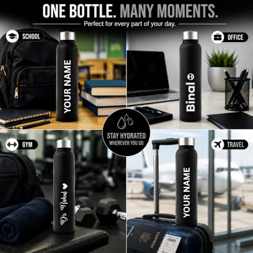 Image of Courage Personalised Stainless Steel Water Bottle 1 Litre | Custom Name Engraved Bottle | Leak-Proof, BPA-Free, Rust-Resistant | Stylish Gift for Kids, Women & Men | Office, School & Gym Use (Black)