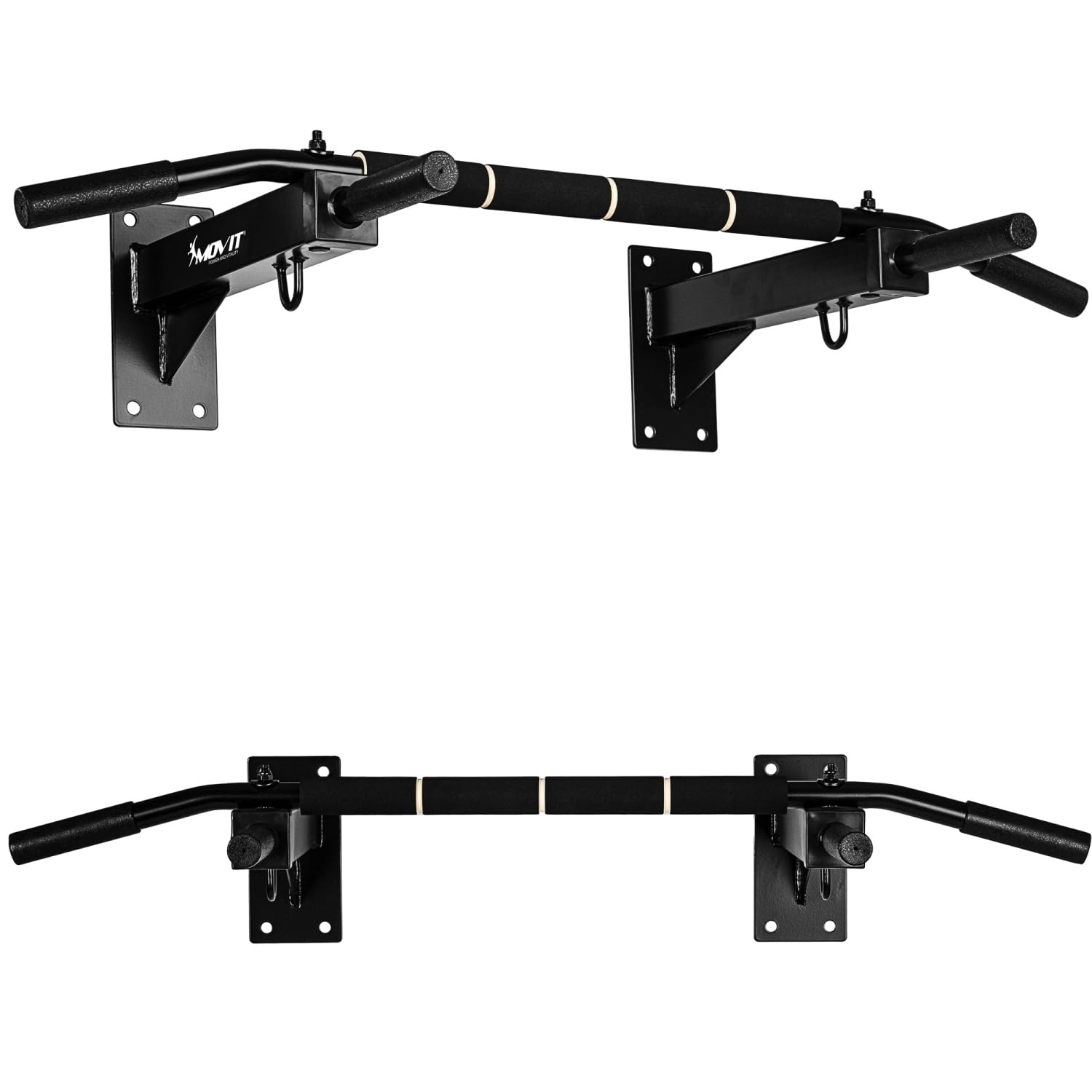 MOVIT® Profi Klimmzugstange zur Wandmontage, bis 350 kg, 4x rutschfeste Griffe + XXL Softgrip, 2x Ösen für Zubehör, schadstoffgeprüft, Weiß oder Schwarz, Türreck Reckstange Pull up bar
