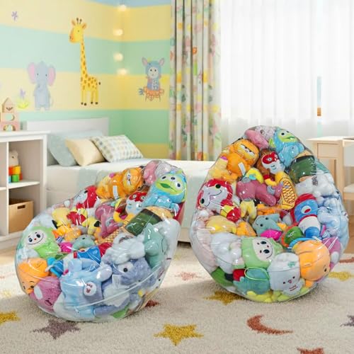 Image of Clear Stuffed Animal Storage Bean Bag Chair for Stuffed Animals, 150L Oval Shape 31.4in Waterproof PVC, 2-in-1 Toy Organizer and Comfy Seat for Kids Room and Playroom (No Filler Included)