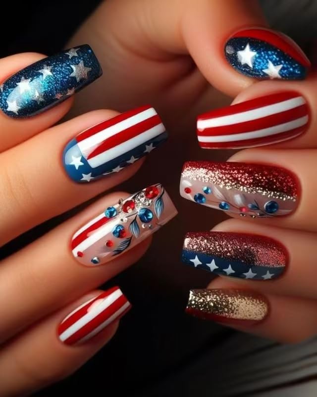 Independence Day Press on Nails Medium Square Fake Nails with Blue & Red Rhinestone Designs Glitter Stripe False Nails for Women Independence Glue on