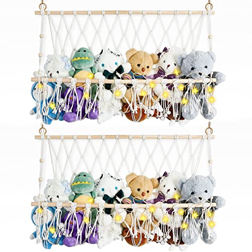 2 Pcs Stuffed Animal Hammock with LED Light Macrame Stuffed Animal Toy Hammock for Neatly Store Hanging Plush Animals…