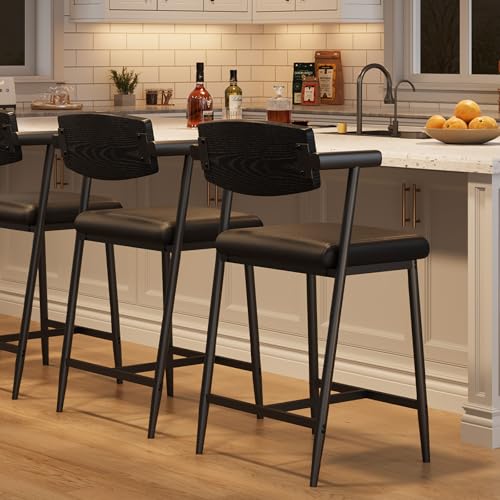 Image of GarveeHome Counter Height Bar Stools Set of 2 with Arms, 26 in Upholstered Modern Bar Stools Set with Wood Back & Footrest for Kitchen Island, Counter Bar, Wider Seat, Easy Assembly,Retro Black