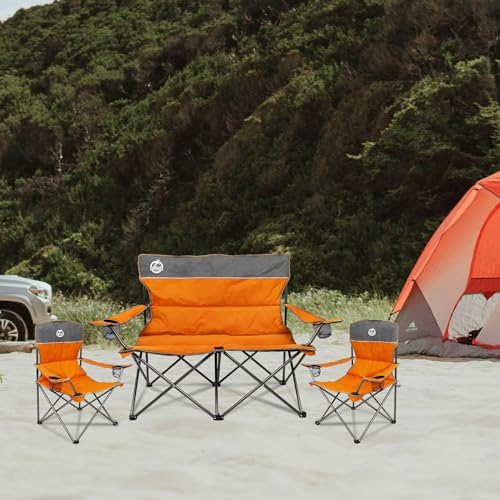 3-Piece Orange Outdoor Camping Chair Set:w/1 Sofa,2 Single Chairs,Collapsible for Family Patios & Beach