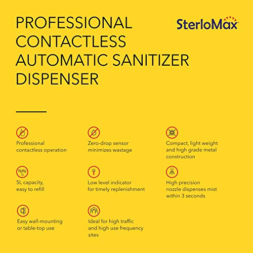 Image of SterloMax 5 Litre Automatic, Touchless Sanitizer Dispenser. Compact Size for Wall-Mount or Table Top, White Metal for All-Round Hygiene in High Traffic, High Use Areas