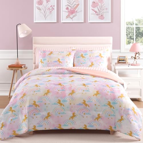 Image of Queen Comforter Set with Sheets for Girls-7 Pieces Soft Queen Bedding Sets | Bed in A Bag with Pink White Gradient Comforter, Pillowcases & Shams, Unicorn, 90 inch X 90 inch