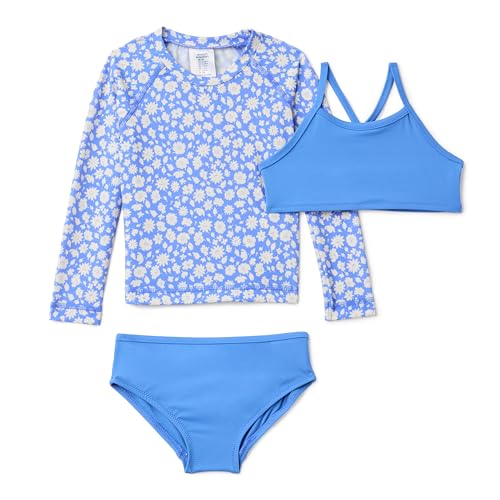 Amazon Essentials Girls' Long-Sleeve Rash Vest Three-Piece Bikini Set, Blue/Ditsy Floral, 3 Years
