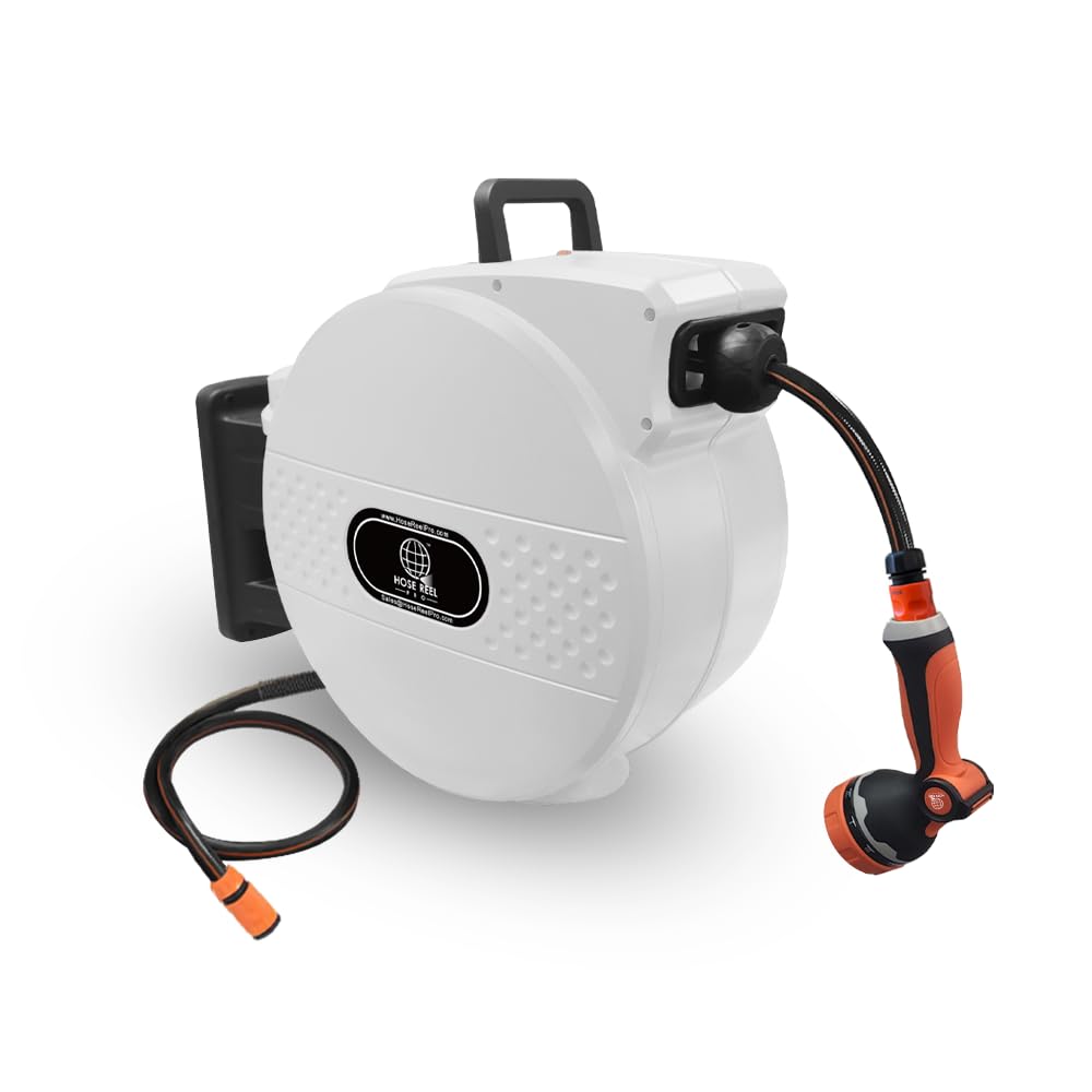 Retractable Garden Hose Reel, 30m Wall-Mounted Garden Hose with Automatic Rewind, 10-Function Spray Nozzle, 150° Swivel Bracket, Heavy-Duty Leak-Proof Design, Black (White)