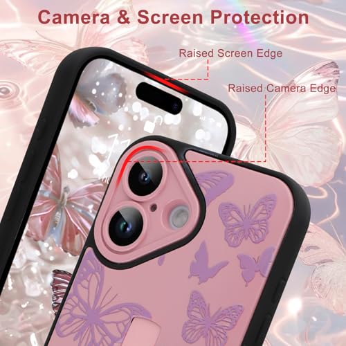 Image of for iPhone 16 Case with Finger Strap Holder, Cute Cool Butterfly Print Pattern Design for Women Girls, Shockproof Anti Scratch Hand Kickstand Protective Cover, Pink