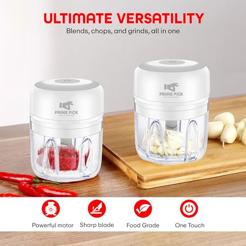 Image of Prime Pick Quick Chop Mini Electric Chopper Rechargeable Food Chopper Stainless Steel Blade One Touch Operation for Garlic Ginger Onion Vegetable Meat Nuts White 250 ml 45 Watt